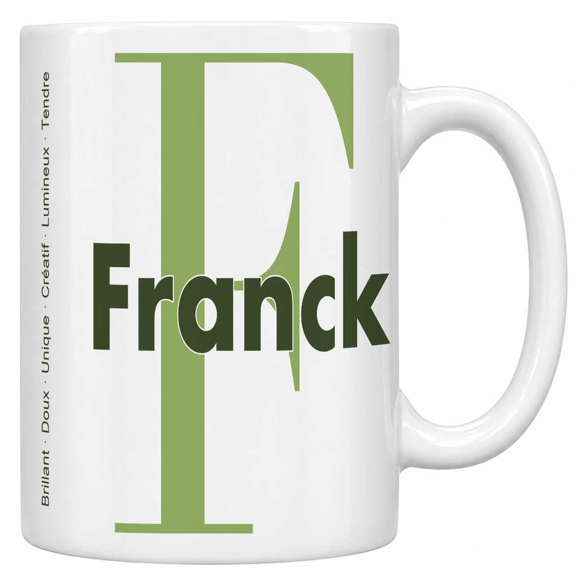 Mug blanc céramique 330 ml prénom Franck : grande initiale F, prénom Franck en lettres bold et six qualités verticales sur le côté