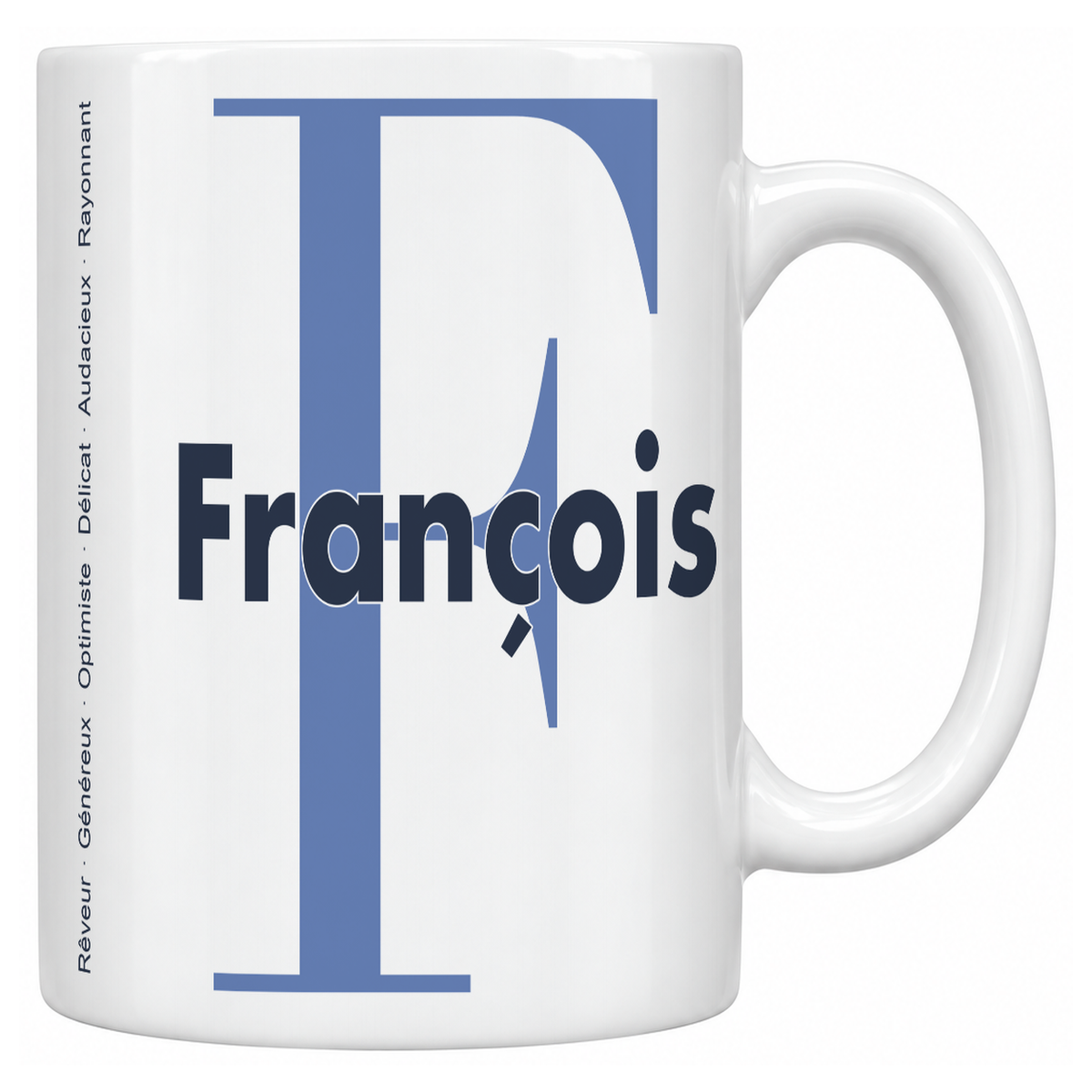 Mug blanc céramique 330 ml prénom François : grande initiale F, prénom François en lettres bold et six qualités verticales sur le côté