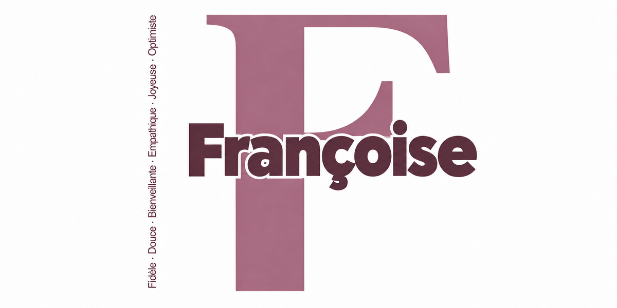 Visuel à plat du mug prénom Françoise : initiale F pleine hauteur, prénom Françoise centré et ligne verticale « Fidèle · Douce · Bienveillante · Empathique · Joyeuse · Optimiste »