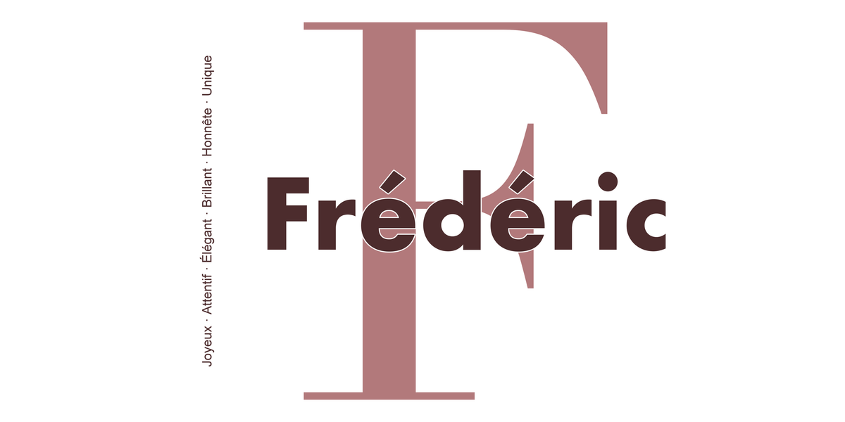 Visuel à plat du mug prénom Frédéric : initiale F pleine hauteur, prénom Frédéric centré et ligne verticale « Joyeux · Attentif · Élégant · Brillant · Honnête · Unique »