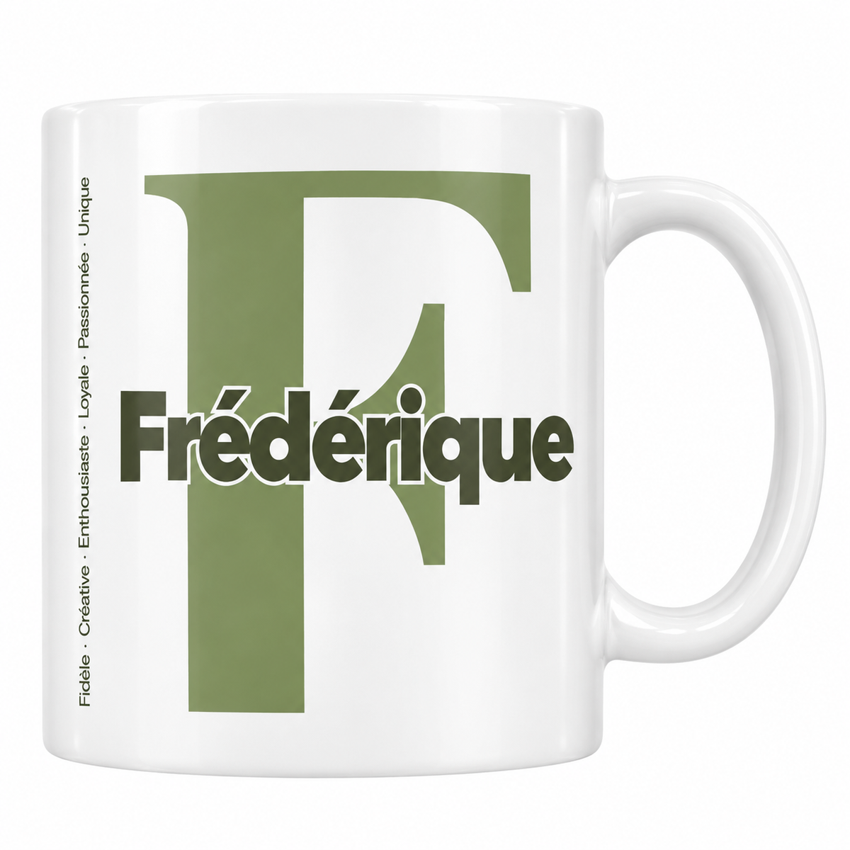 Mug blanc céramique 330 ml prénom Frédérique : grande initiale F, prénom Frédérique en lettres bold et six qualités verticales sur le côté