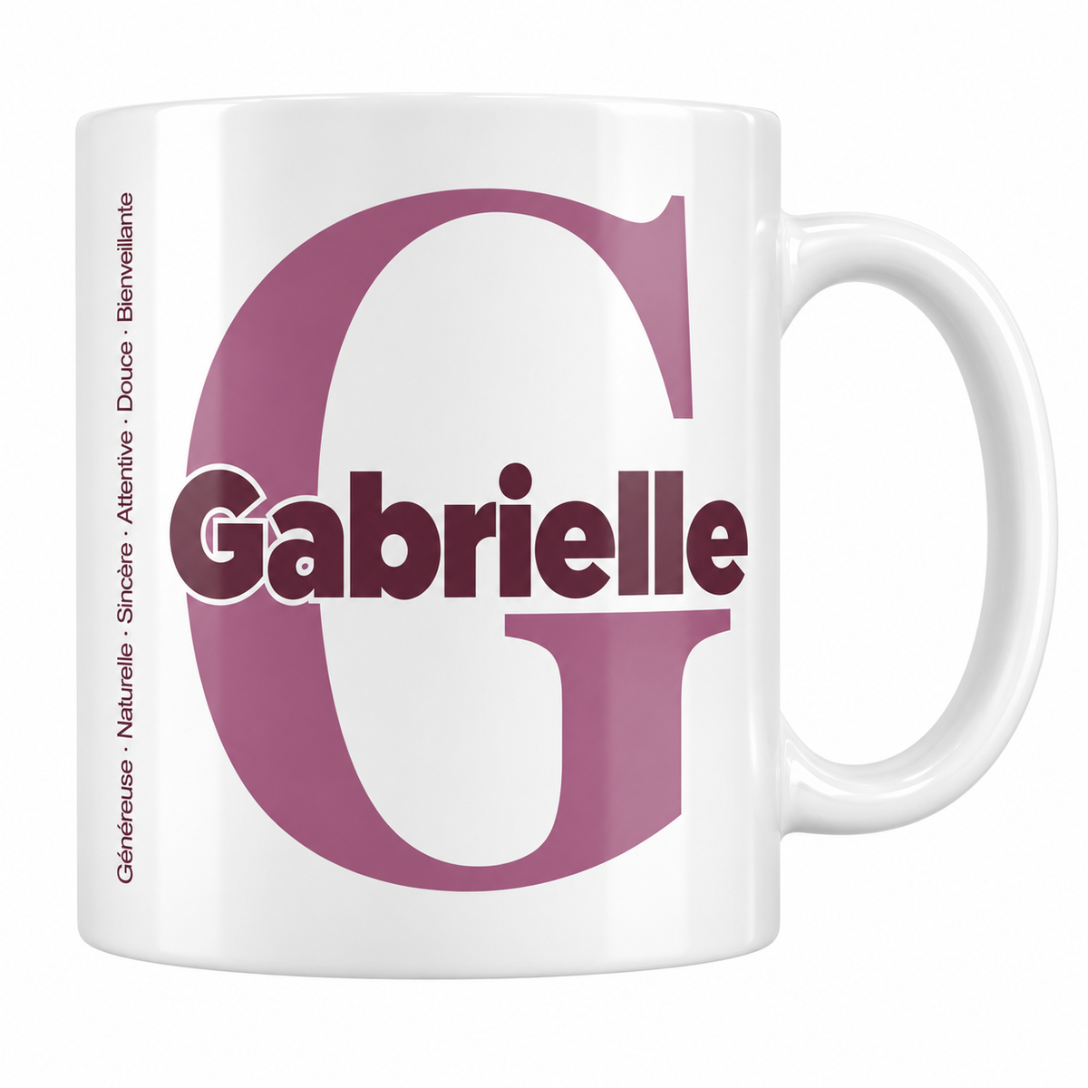 Mug blanc céramique 330 ml prénom Gabrielle : grande initiale G, prénom Gabrielle en lettres bold et six qualités verticales sur le côté