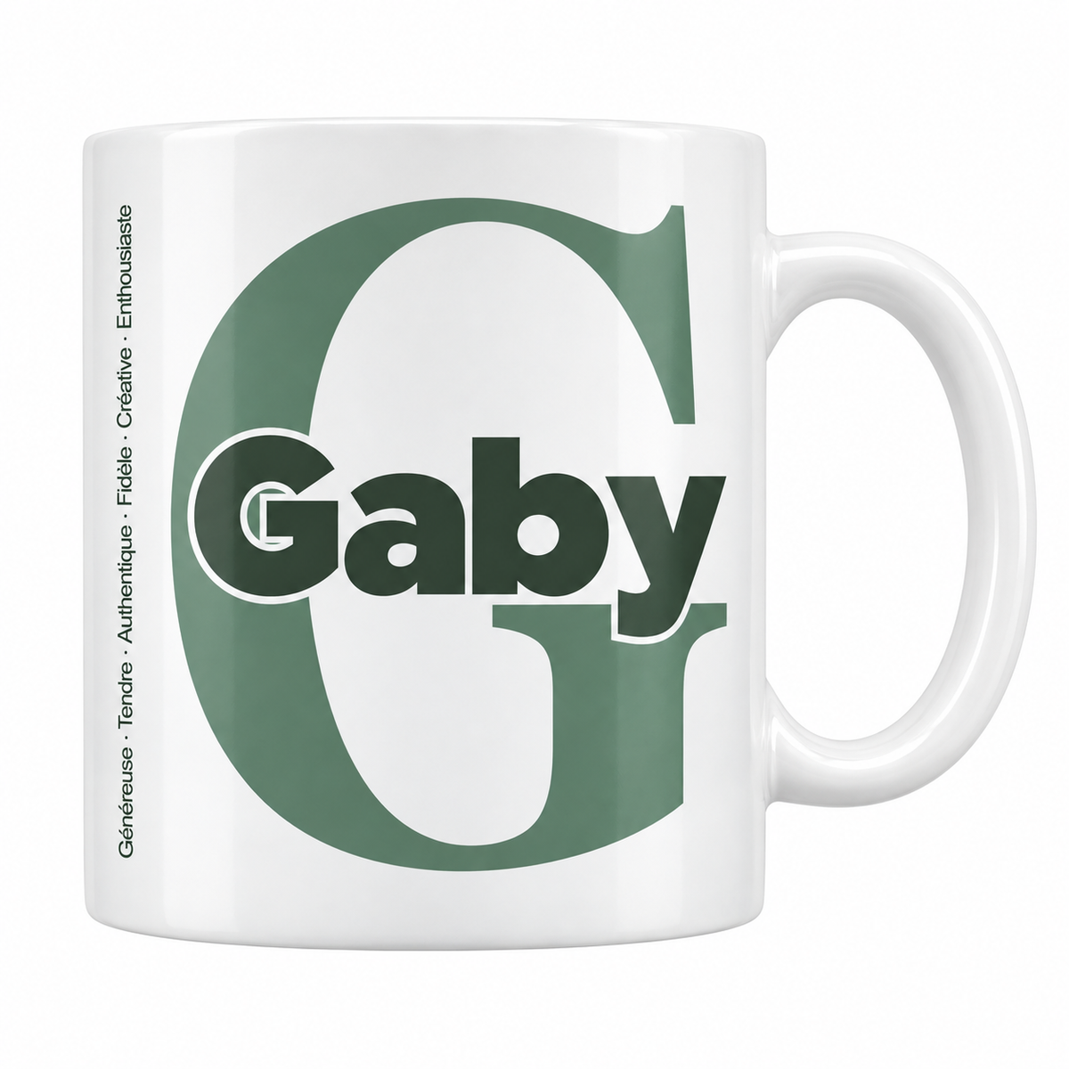 Mug blanc céramique 330 ml prénom Gaby : grande initiale G, prénom Gaby en lettres bold et six qualités verticales sur le côté