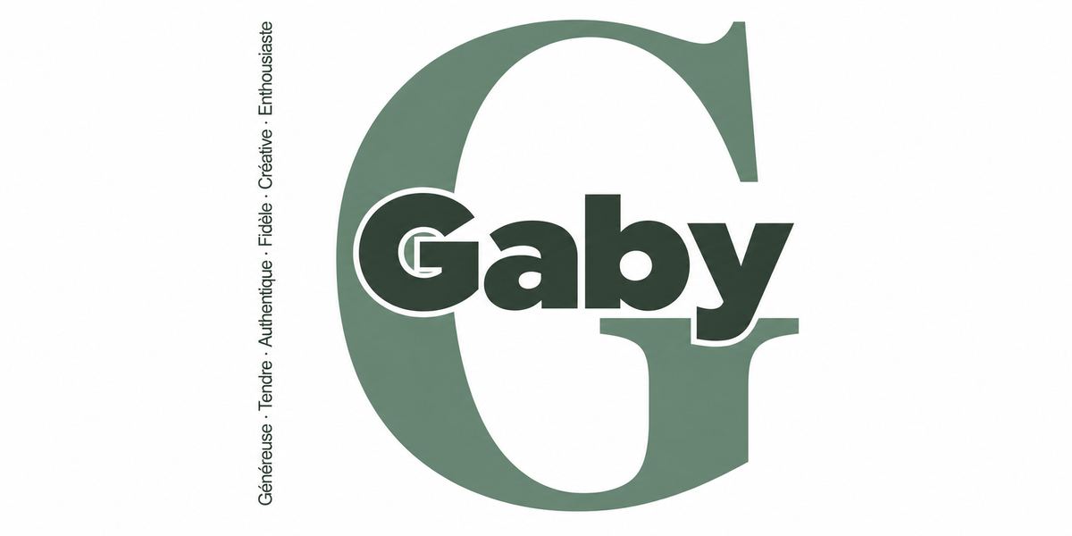 Visuel à plat du mug prénom Gaby : initiale G pleine hauteur, prénom Gaby centré et ligne verticale « Généreuse · Tendre · Authentique · Fidèle · Créative · Enthousiaste »