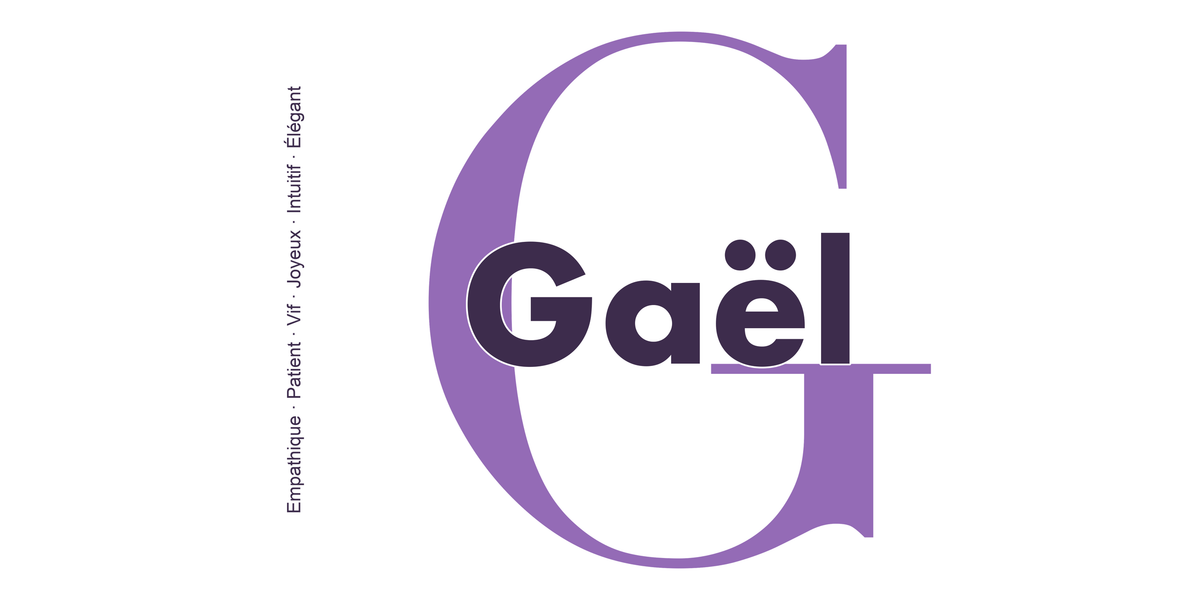 Visuel à plat du mug prénom Gaël : initiale G pleine hauteur, prénom Gaël centré et ligne verticale « Empathique · Patient · Vif · Joyeux · Intuitif · Élégant »