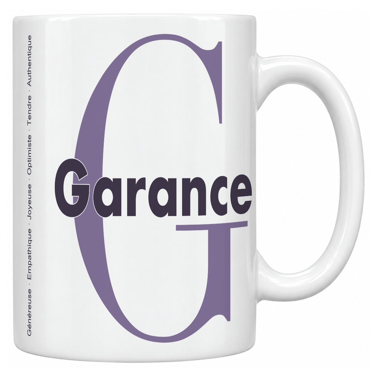 Mug blanc céramique 330 ml prénom Garance : grande initiale G, prénom Garance en lettres bold et six qualités verticales sur le côté