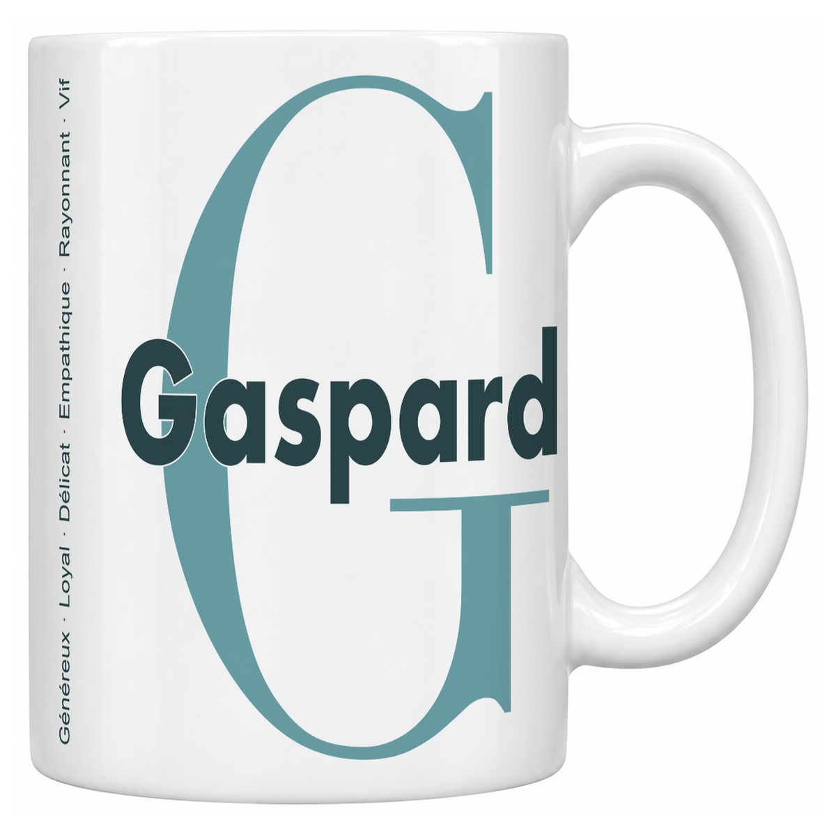 Mug blanc céramique 330 ml prénom Gaspard : grande initiale G, prénom Gaspard en lettres bold et six qualités verticales sur le côté