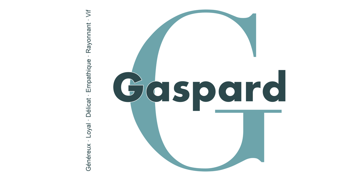 Visuel à plat du mug prénom Gaspard : initiale G pleine hauteur, prénom Gaspard centré et ligne verticale « Généreux · Loyal · Délicat · Empathique · Rayonnant · Vif »