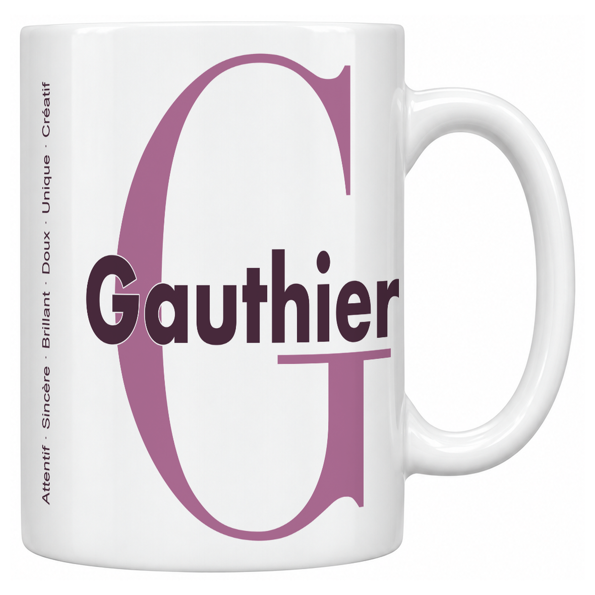 Mug blanc céramique 330 ml prénom Gauthier : grande initiale G, prénom Gauthier en lettres bold et six qualités verticales sur le côté