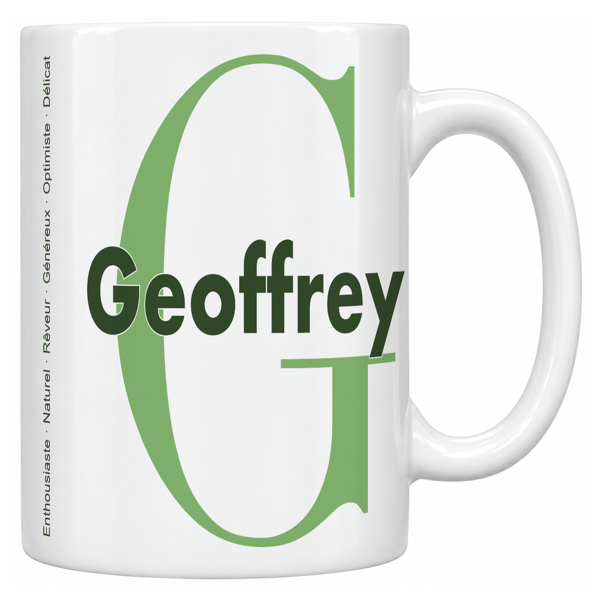 Mug blanc céramique 330 ml prénom Geoffrey : grande initiale G, prénom Geoffrey en lettres bold et six qualités verticales sur le côté