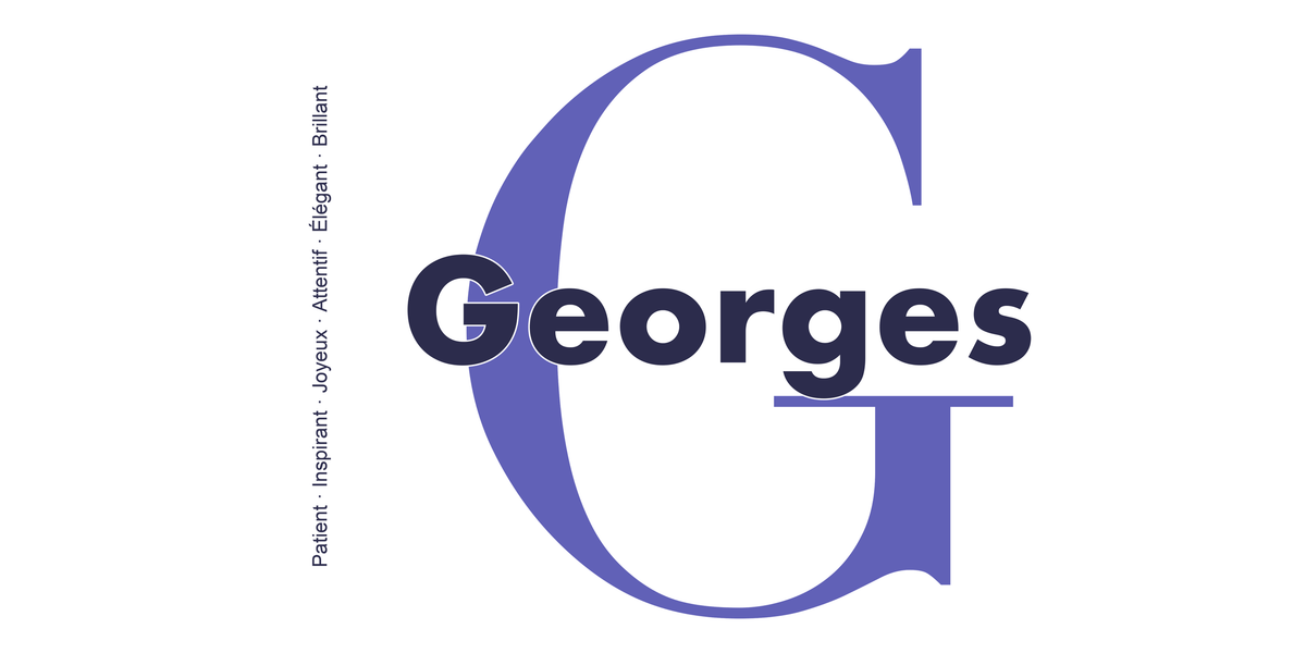 Visuel à plat du mug prénom Georges : initiale G pleine hauteur, prénom Georges centré et ligne verticale « Patient · Inspirant · Joyeux · Attentif · Élégant · Brillant »
