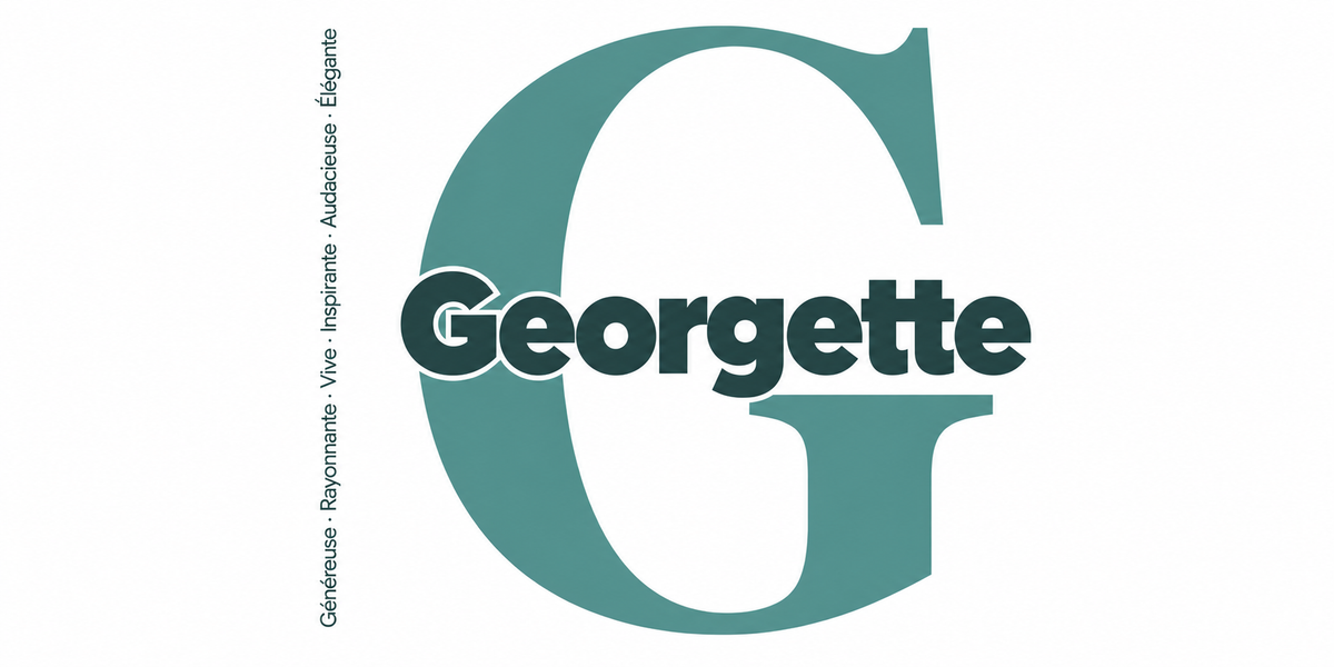 Visuel à plat du mug prénom Georgette : initiale G pleine hauteur, prénom Georgette centré et ligne verticale « Généreuse · Rayonnante · Vive · Inspirante · Audacieuse · Élégante »