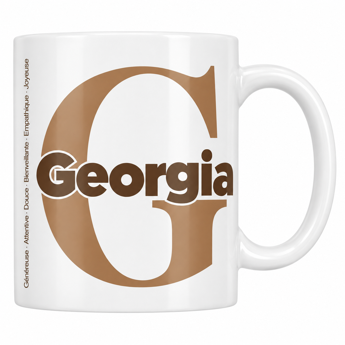 Mug blanc céramique 330 ml prénom Georgia : grande initiale G, prénom Georgia en lettres bold et six qualités verticales sur le côté