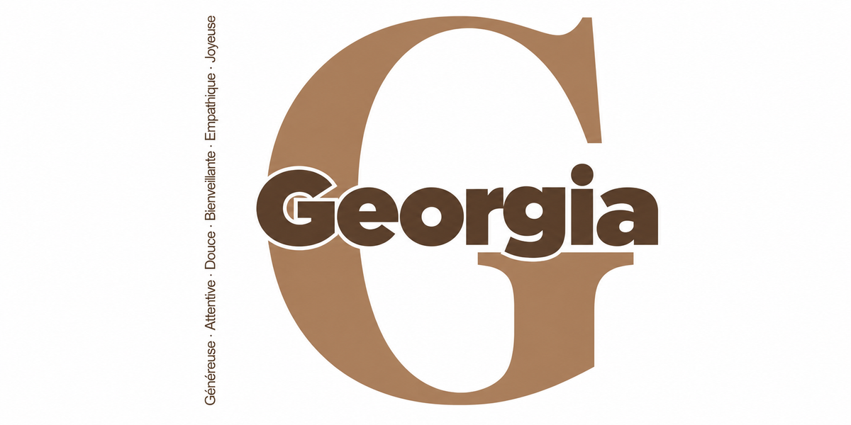 Visuel à plat du mug prénom Georgia : initiale G pleine hauteur, prénom Georgia centré et ligne verticale « Généreuse · Attentive · Douce · Bienveillante · Empathique · Joyeuse »