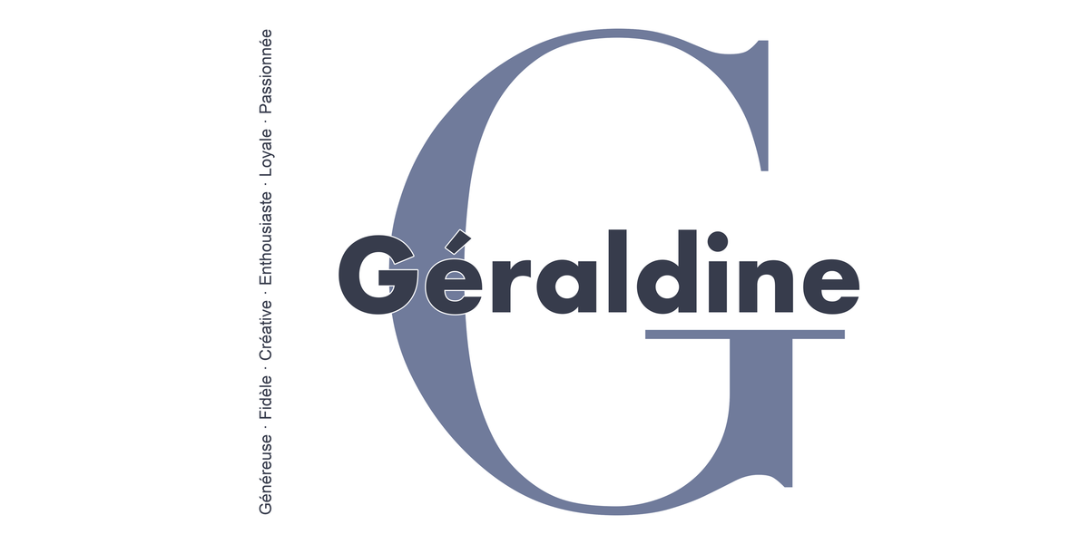 Visuel à plat du mug prénom Géraldine : initiale G pleine hauteur, prénom Géraldine centré et ligne verticale « Généreuse · Fidèle · Créative · Enthousiaste · Loyale · Passionnée »