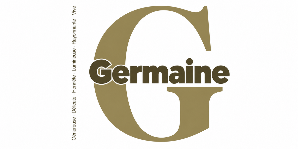 Visuel à plat du mug prénom Germaine : initiale G pleine hauteur, prénom Germaine centré et ligne verticale « Généreuse · Délicate · Honnête · Lumineuse · Rayonnante · Vive »