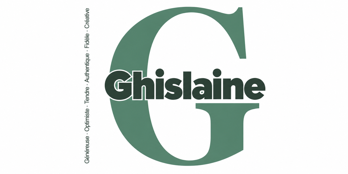 Visuel à plat du mug prénom Ghislaine : initiale G pleine hauteur, prénom Ghislaine centré et ligne verticale « Généreuse · Optimiste · Tendre · Authentique · Fidèle · Créative »