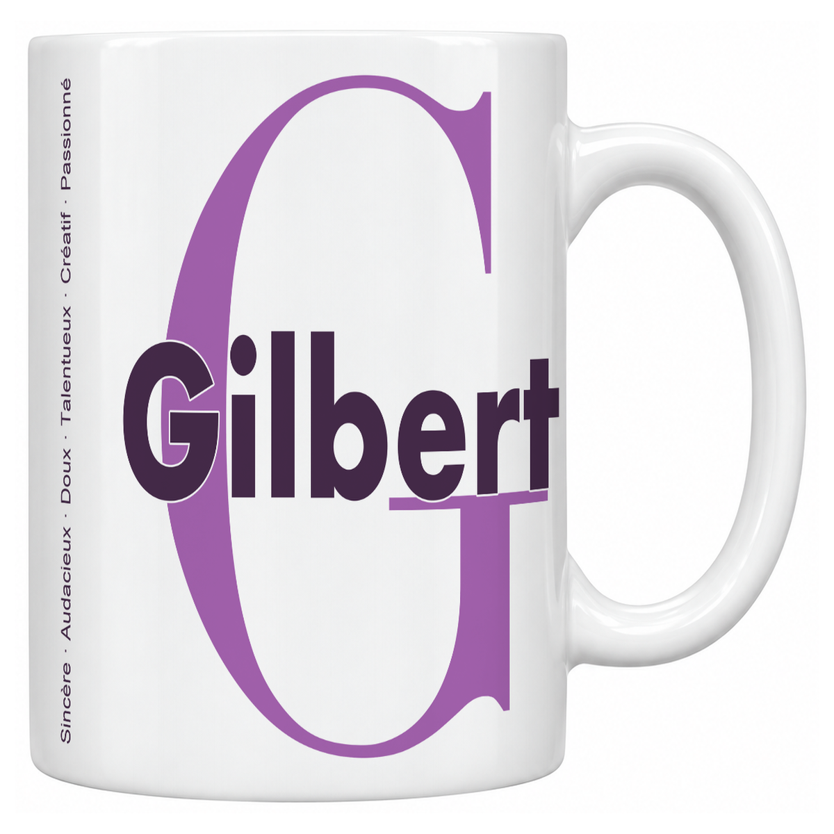 Mug blanc céramique 330 ml prénom Gilbert : grande initiale G, prénom Gilbert en lettres bold et six qualités verticales sur le côté