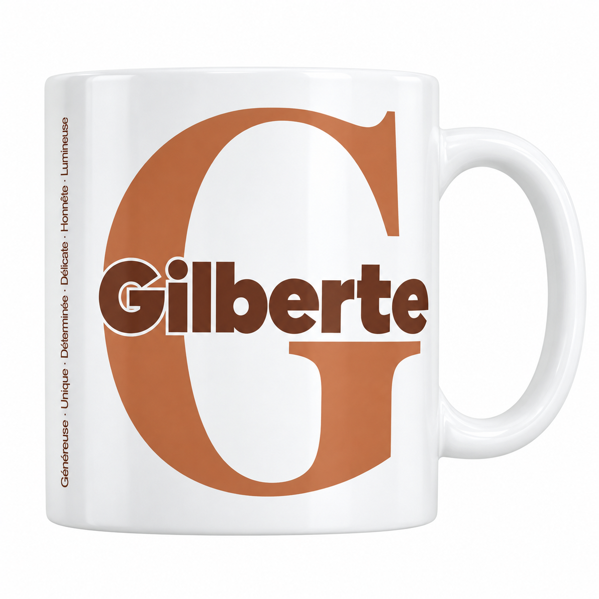 Mug blanc céramique 330 ml prénom Gilberte : grande initiale G, prénom Gilberte en lettres bold et six qualités verticales sur le côté