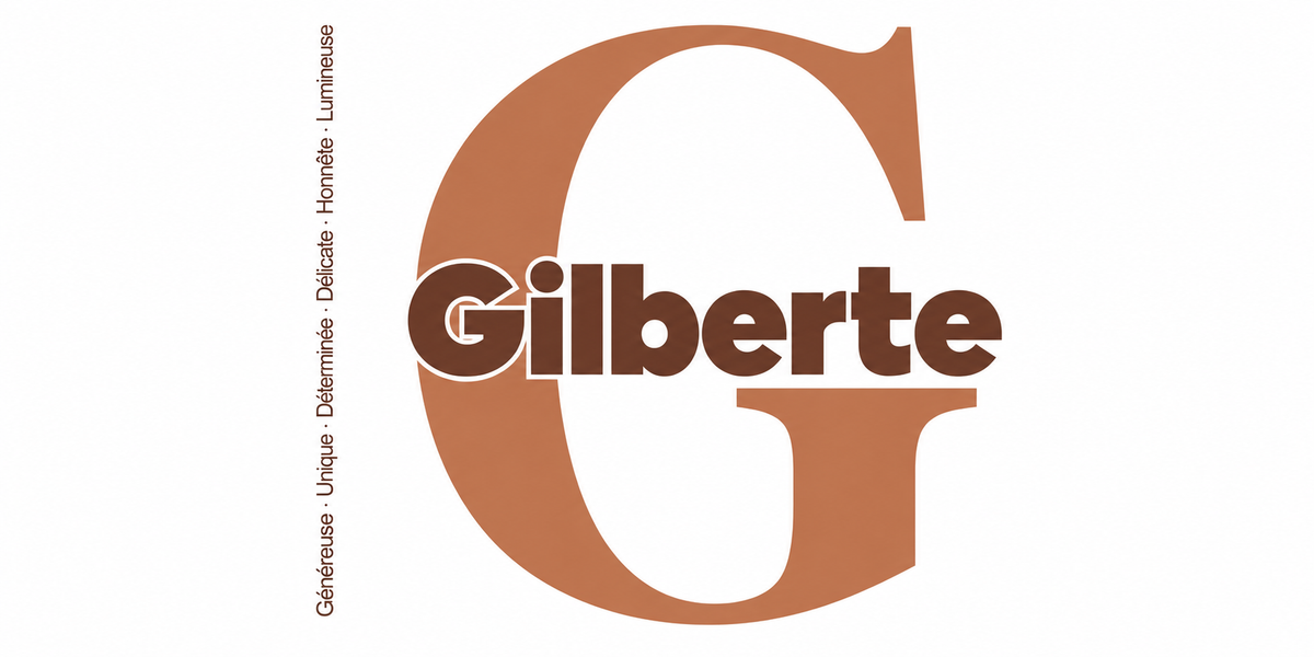 Visuel à plat du mug prénom Gilberte : initiale G pleine hauteur, prénom Gilberte centré et ligne verticale « Généreuse · Unique · Déterminée · Délicate · Honnête · Lumineuse »