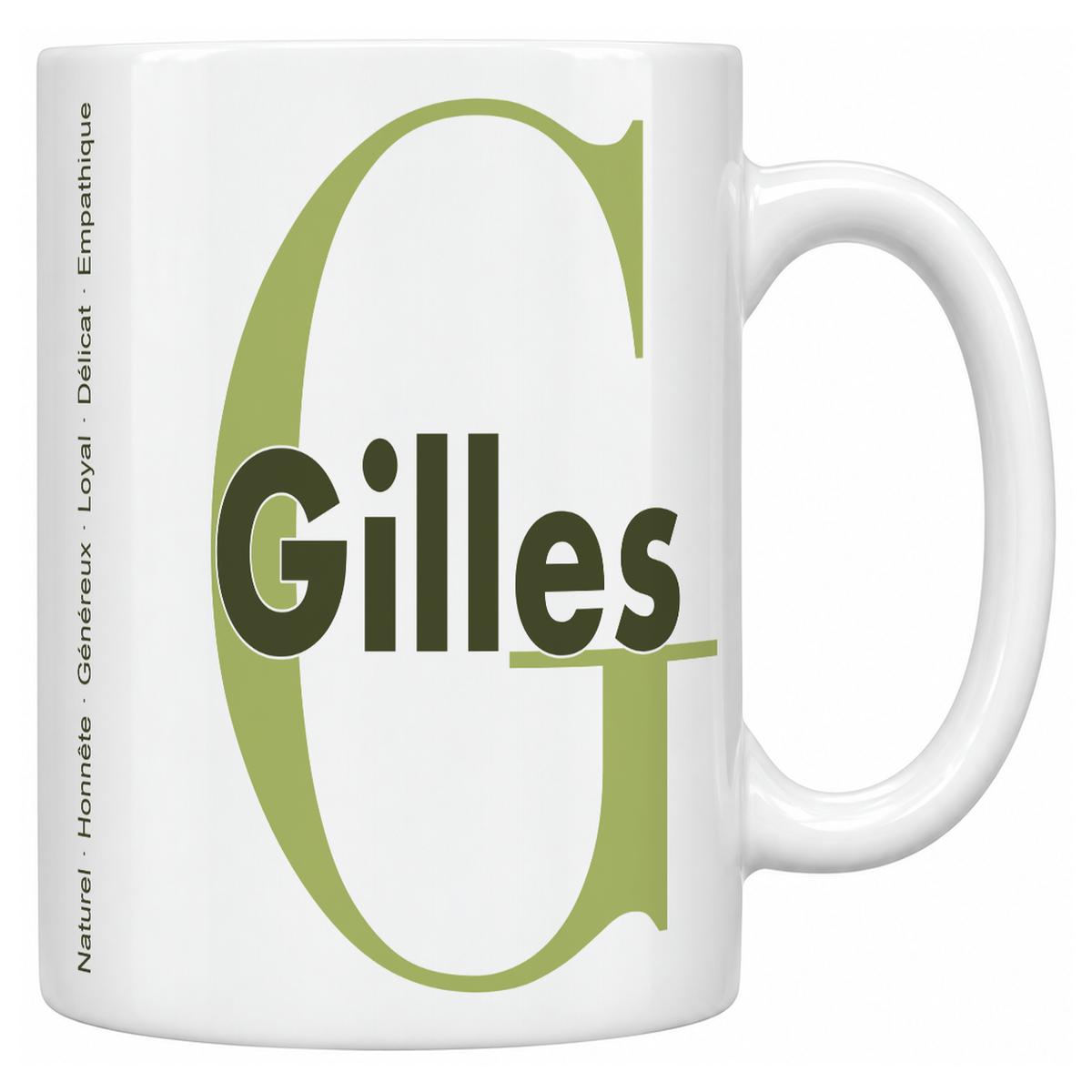 Mug blanc céramique 330 ml prénom Gilles : grande initiale G, prénom Gilles en lettres bold et six qualités verticales sur le côté