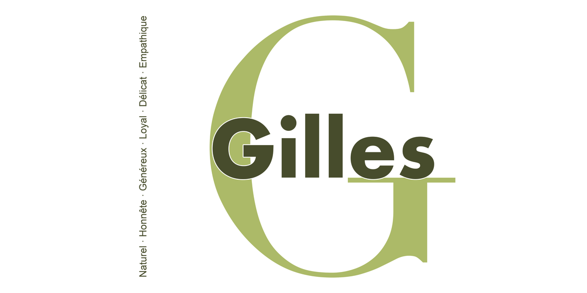 Visuel à plat du mug prénom Gilles : initiale G pleine hauteur, prénom Gilles centré et ligne verticale « Naturel · Honnête · Généreux · Loyal · Délicat · Empathique »