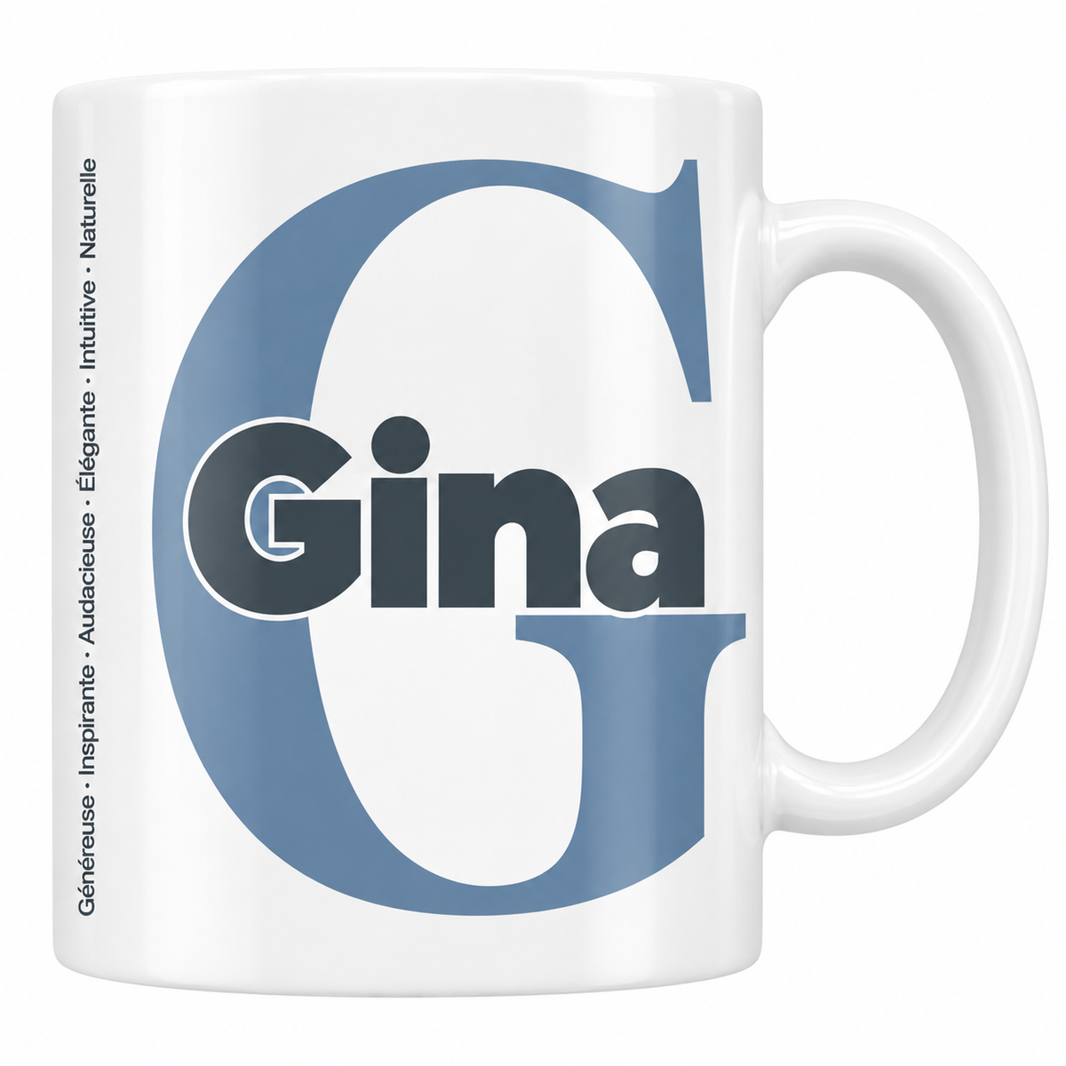 Mug blanc céramique 330 ml prénom Gina : grande initiale G, prénom Gina en lettres bold et six qualités verticales sur le côté