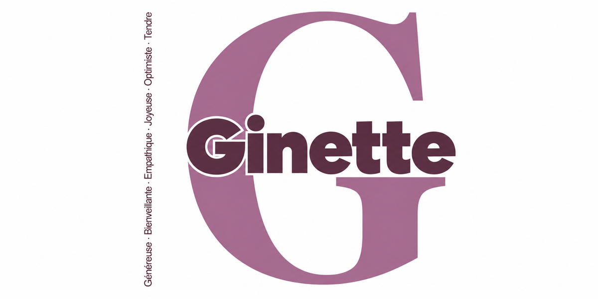 Visuel à plat du mug prénom Ginette : initiale G pleine hauteur, prénom Ginette centré et ligne verticale « Généreuse · Bienveillante · Empathique · Joyeuse · Optimiste · Tendre »