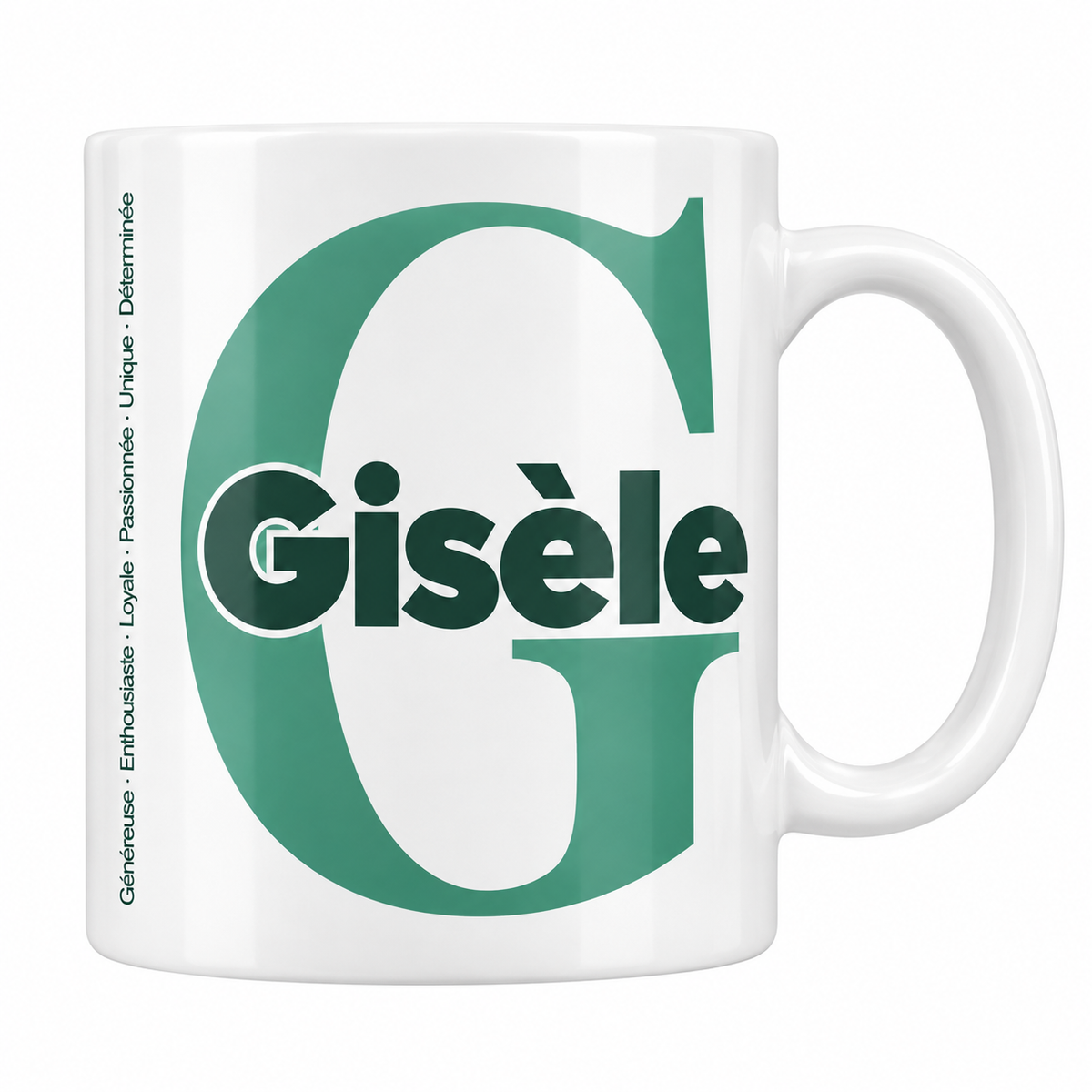 Mug blanc céramique 330 ml prénom Gisèle : grande initiale G, prénom Gisèle en lettres bold et six qualités verticales sur le côté