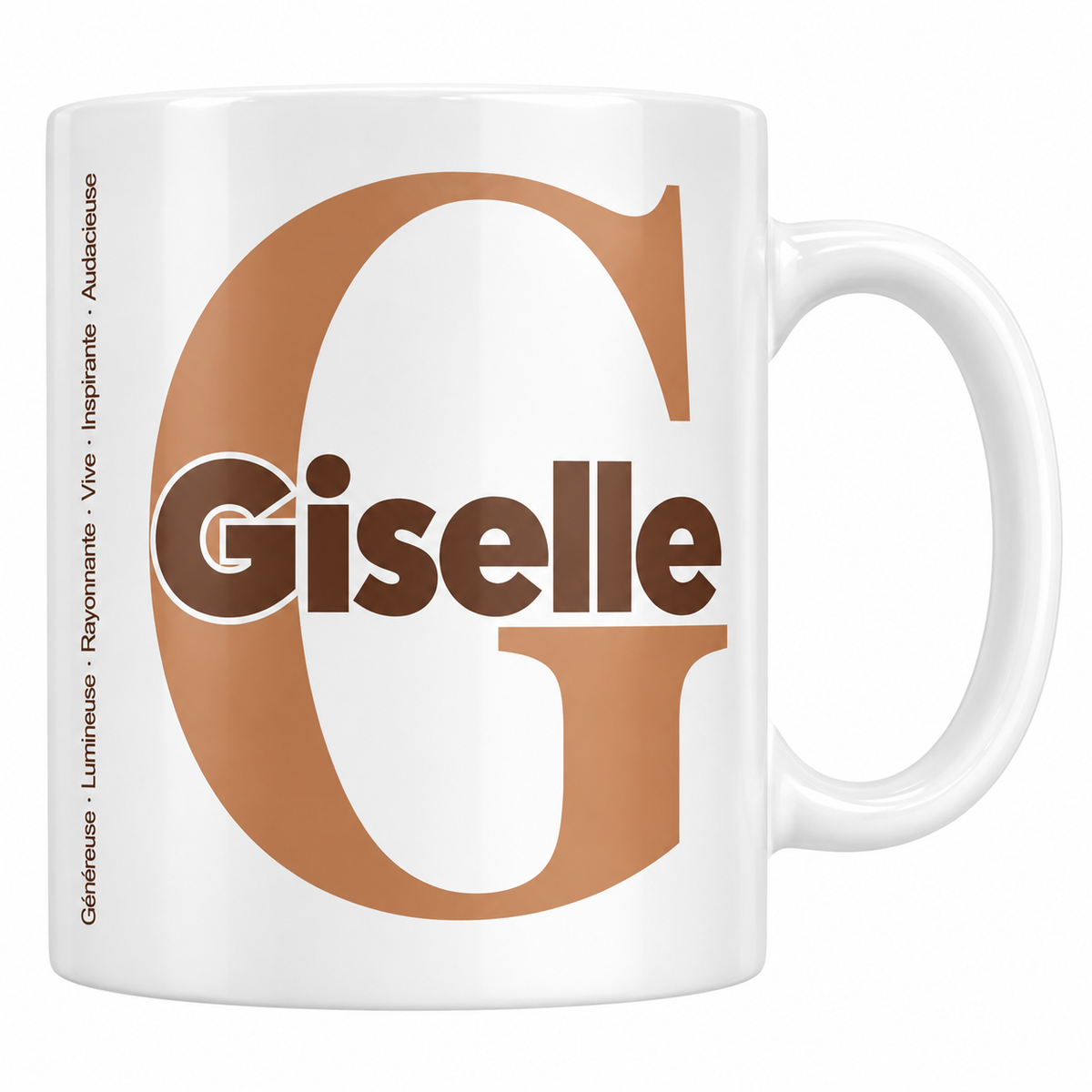 Mug blanc céramique 330 ml prénom Giselle : grande initiale G, prénom Giselle en lettres bold et six qualités verticales sur le côté