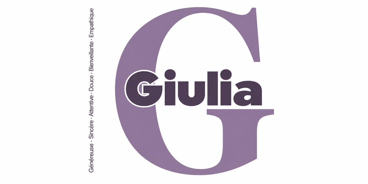 Visuel à plat du mug prénom Giulia : initiale G pleine hauteur, prénom Giulia centré et ligne verticale « Généreuse · Sincère · Attentive · Douce · Bienveillante · Empathique »