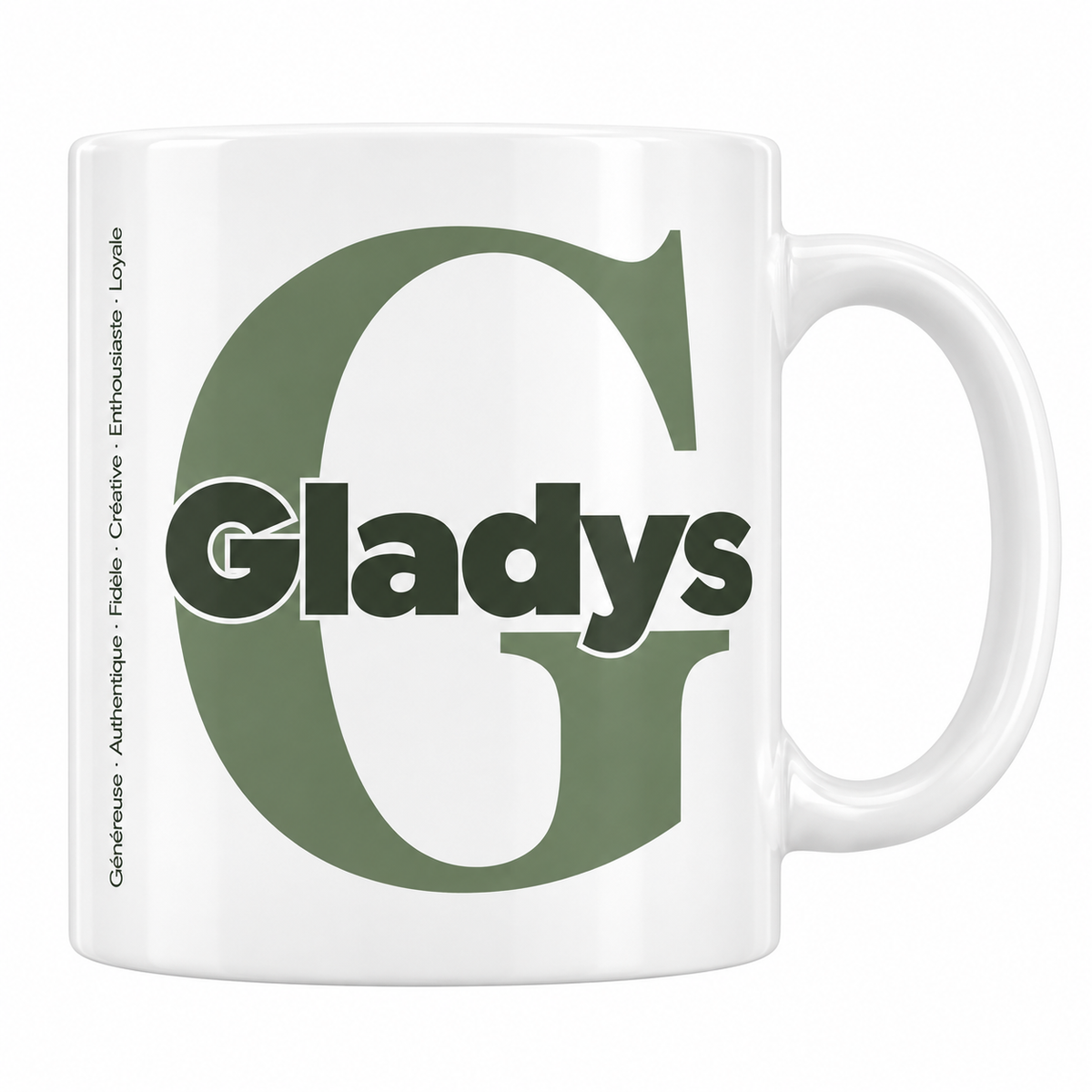 Mug blanc céramique 330 ml prénom Gladys : grande initiale G, prénom Gladys en lettres bold et six qualités verticales sur le côté