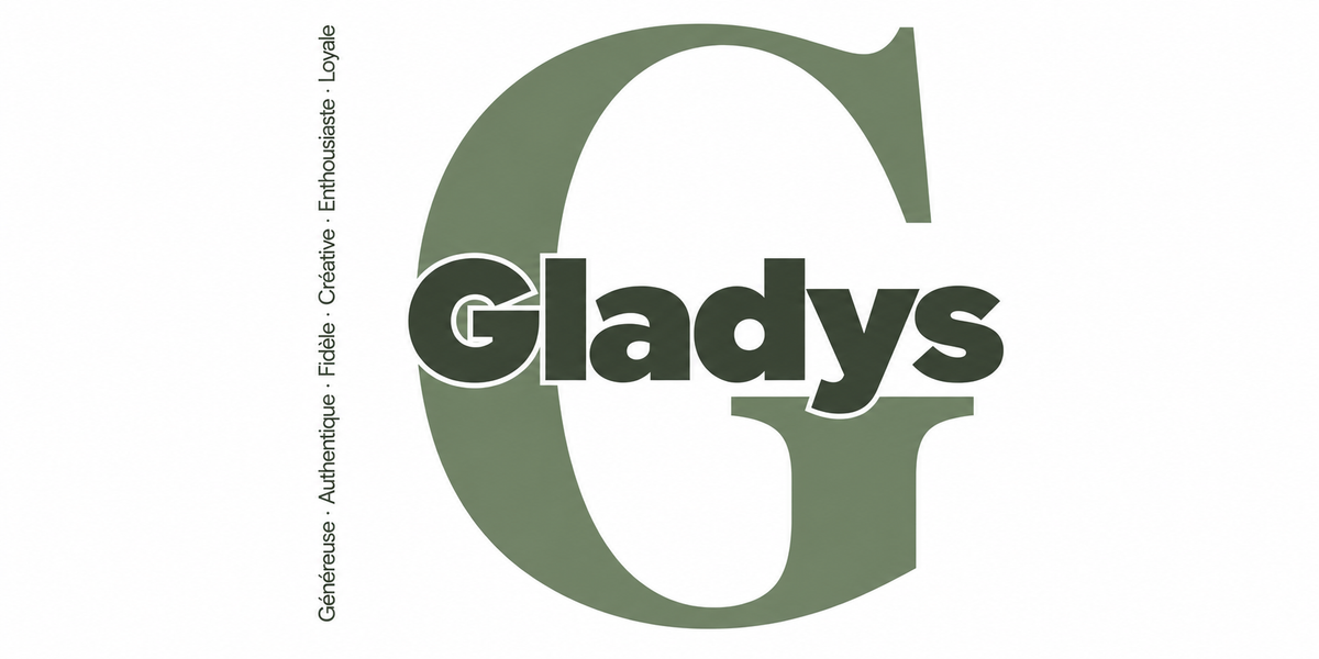 Visuel à plat du mug prénom Gladys : initiale G pleine hauteur, prénom Gladys centré et ligne verticale « Généreuse · Authentique · Fidèle · Créative · Enthousiaste · Loyale »