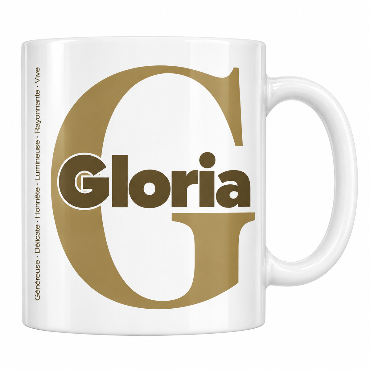 Mug blanc céramique 330 ml prénom Gloria : grande initiale G, prénom Gloria en lettres bold et six qualités verticales sur le côté