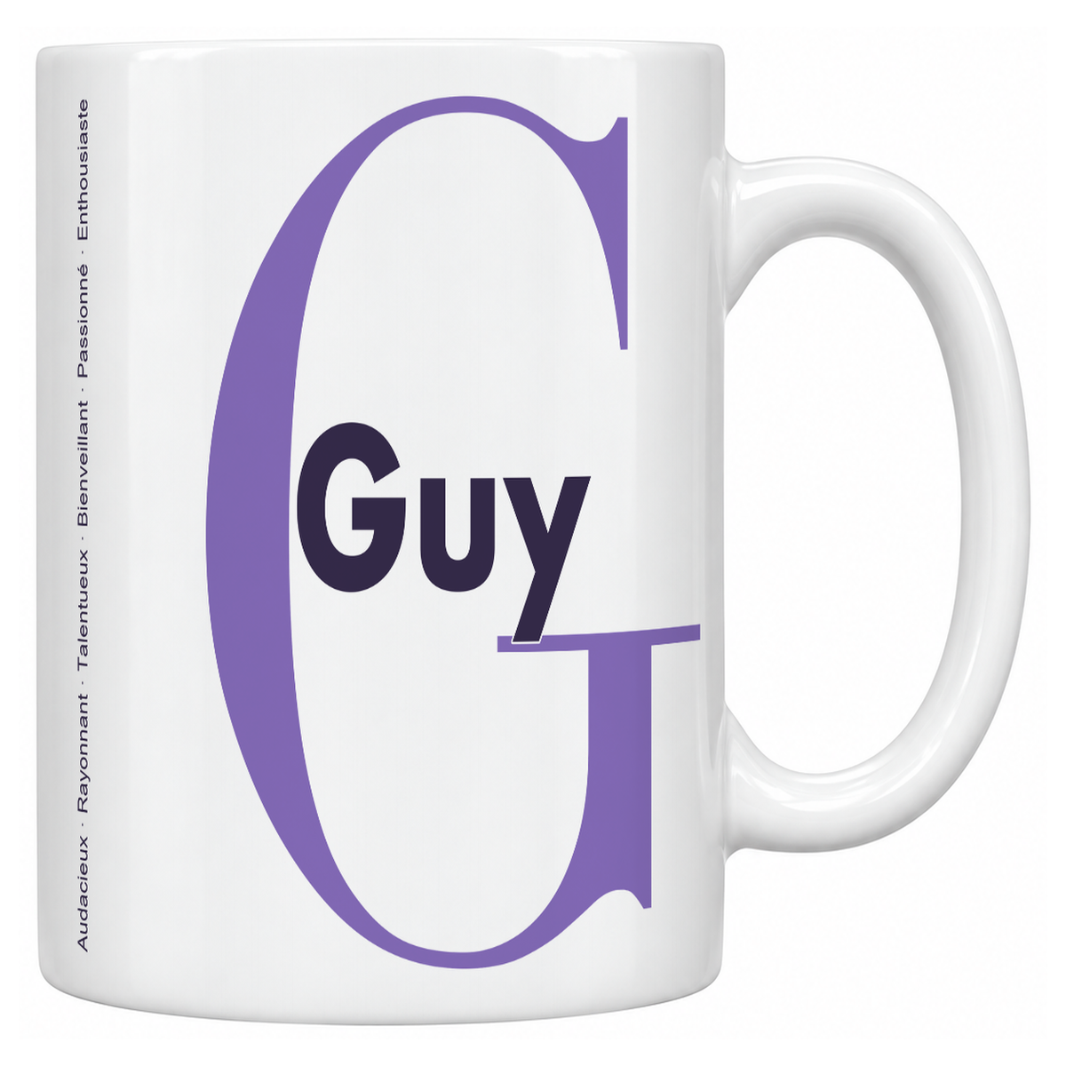 Mug blanc céramique 330 ml prénom Guy : grande initiale G, prénom Guy en lettres bold et six qualités verticales sur le côté