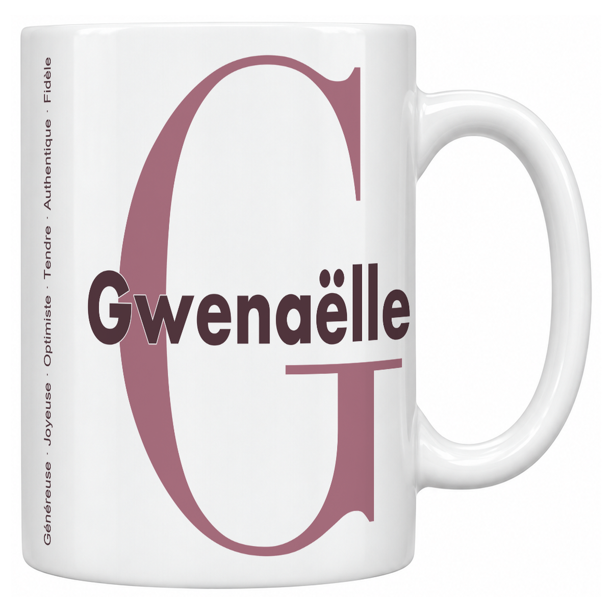 Mug blanc céramique 330 ml prénom Gwenaëlle : grande initiale G, prénom Gwenaëlle en lettres bold et six qualités verticales sur le côté