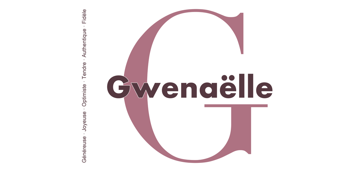Visuel à plat du mug prénom Gwenaëlle : initiale G pleine hauteur, prénom Gwenaëlle centré et ligne verticale « Généreuse · Joyeuse · Optimiste · Tendre · Authentique · Fidèle »