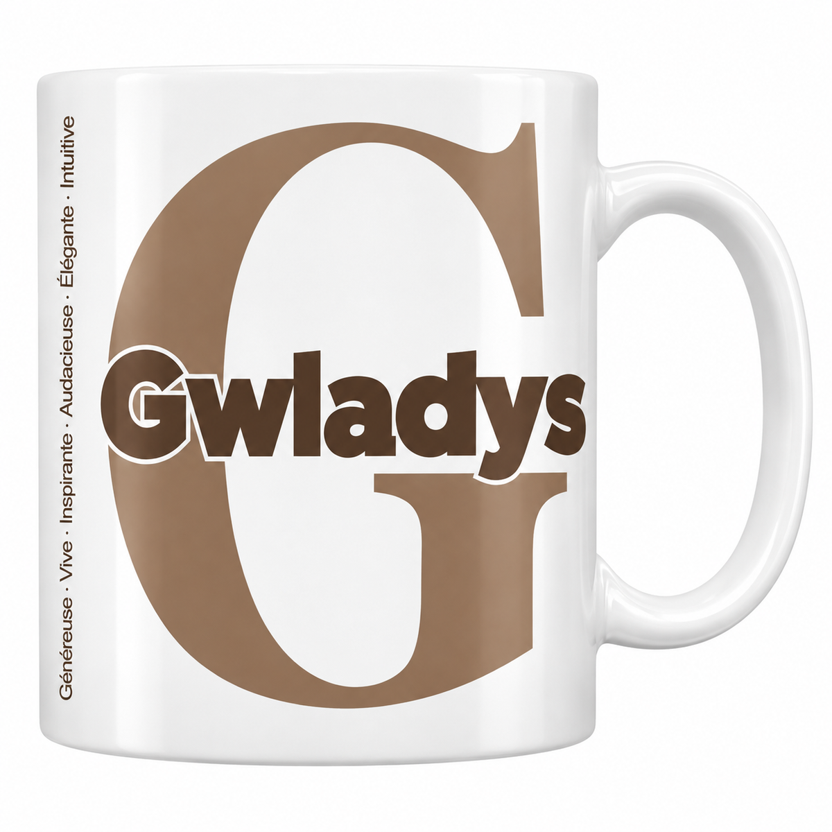 Mug blanc céramique 330 ml prénom Gwladys : grande initiale G, prénom Gwladys en lettres bold et six qualités verticales sur le côté