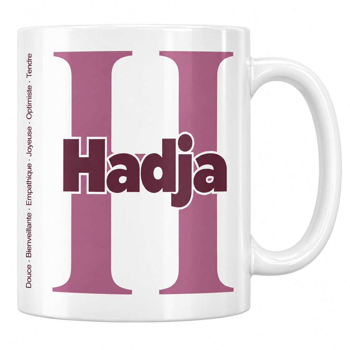 Mug blanc céramique 330 ml prénom Hadja : grande initiale H, prénom Hadja en lettres bold et six qualités verticales sur le côté