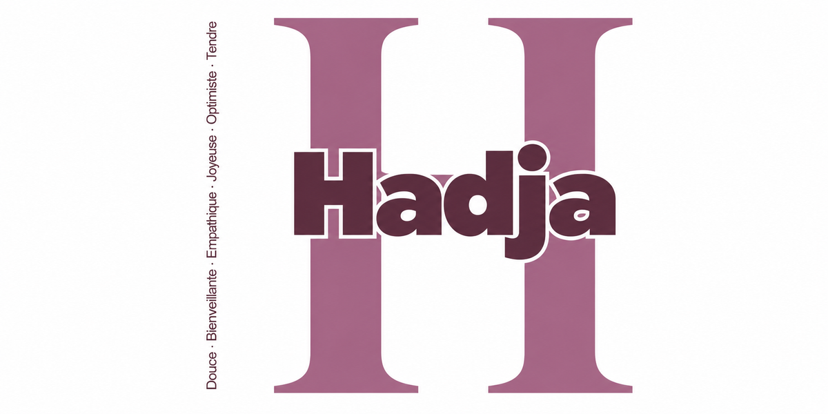Visuel à plat du mug prénom Hadja : initiale H pleine hauteur, prénom Hadja centré et ligne verticale « Douce · Bienveillante · Empathique · Joyeuse · Optimiste · Tendre »
