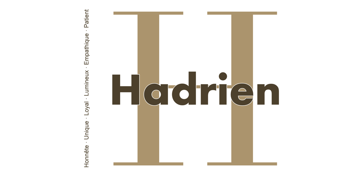 Visuel à plat du mug prénom Hadrien : initiale H pleine hauteur, prénom Hadrien centré et ligne verticale « Honnête · Unique · Loyal · Lumineux · Empathique · Patient »