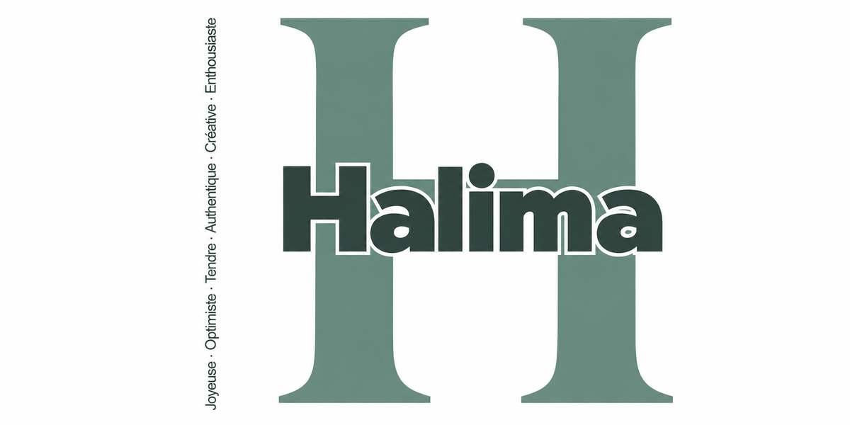 Visuel à plat du mug prénom Halima : initiale H pleine hauteur, prénom Halima centré et ligne verticale « Joyeuse · Optimiste · Tendre · Authentique · Créative · Enthousiaste »