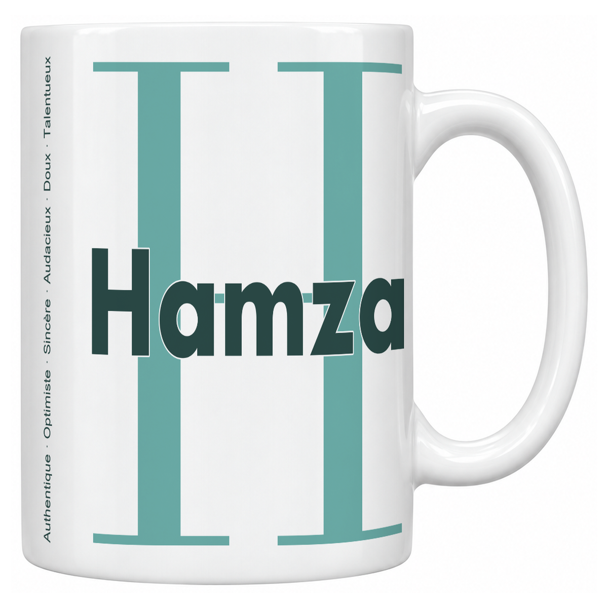 Mug blanc céramique 330 ml prénom Hamza : grande initiale H, prénom Hamza en lettres bold et six qualités verticales sur le côté