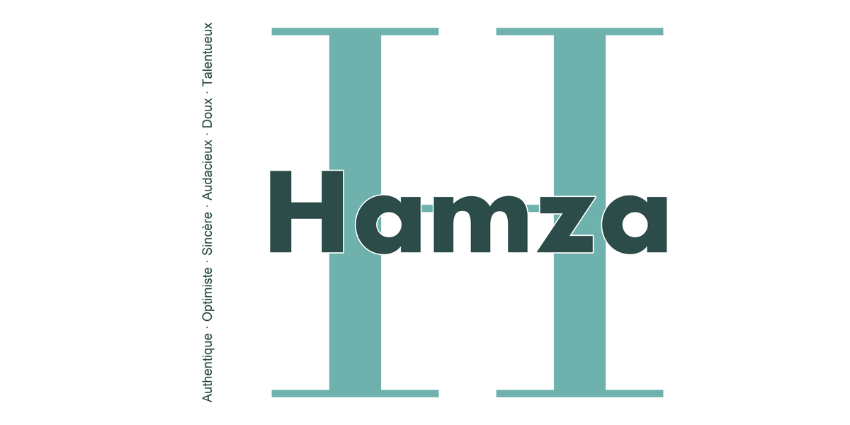 Visuel à plat du mug prénom Hamza : initiale H pleine hauteur, prénom Hamza centré et ligne verticale « Authentique · Optimiste · Sincère · Audacieux · Doux · Talentueux »