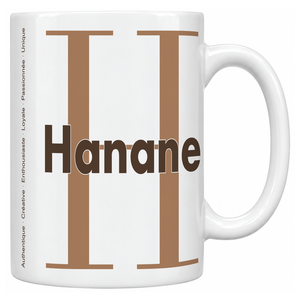 Mug blanc céramique 330 ml prénom Hanane : grande initiale H, prénom Hanane en lettres bold et six qualités verticales sur le côté