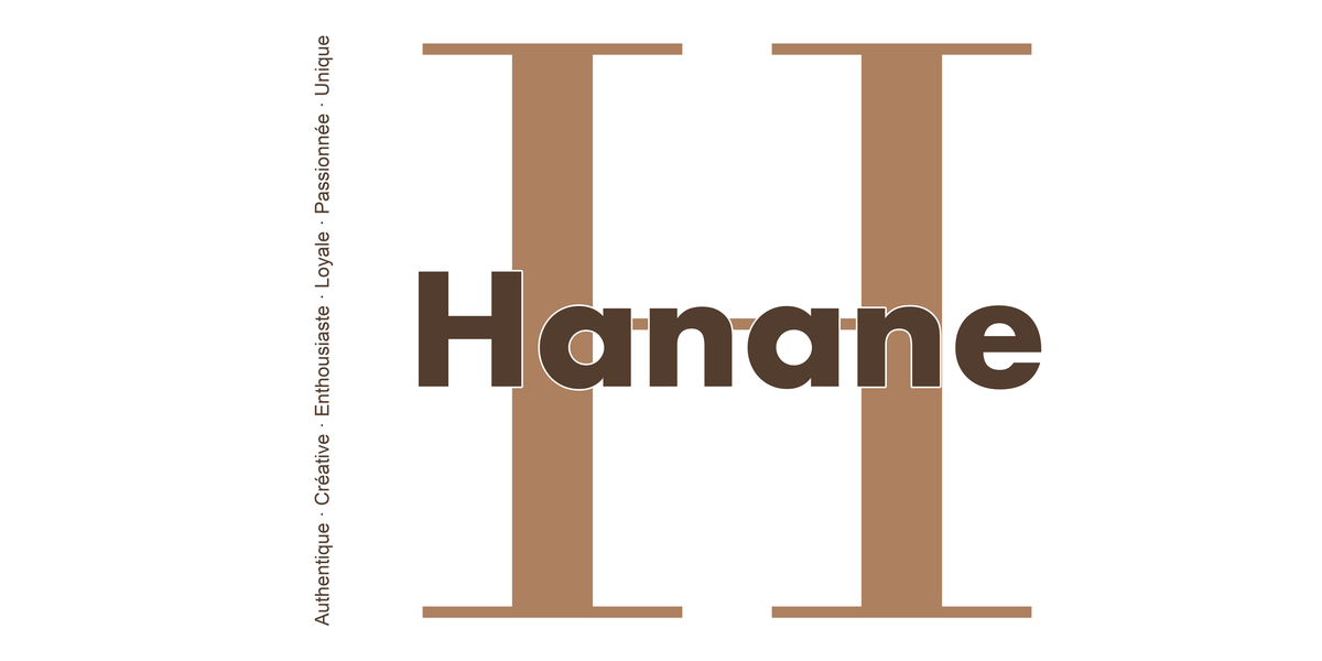 Visuel à plat du mug prénom Hanane : initiale H pleine hauteur, prénom Hanane centré et ligne verticale « Authentique · Créative · Enthousiaste · Loyale · Passionnée · Unique »