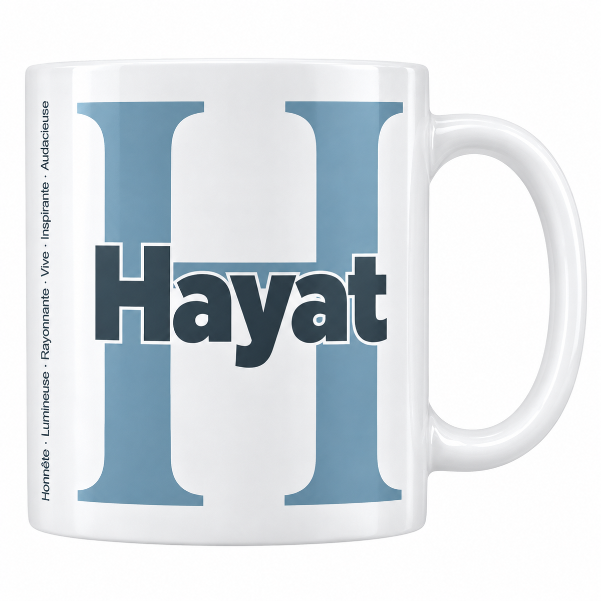 Mug blanc céramique 330 ml prénom Hayat : grande initiale H, prénom Hayat en lettres bold et six qualités verticales sur le côté