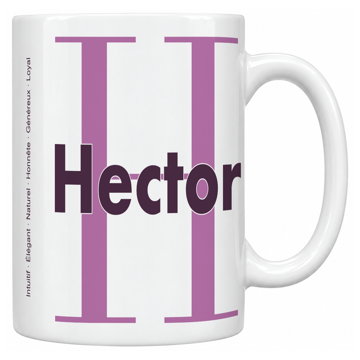 Mug blanc céramique 330 ml prénom Hector : grande initiale H, prénom Hector en lettres bold et six qualités verticales sur le côté