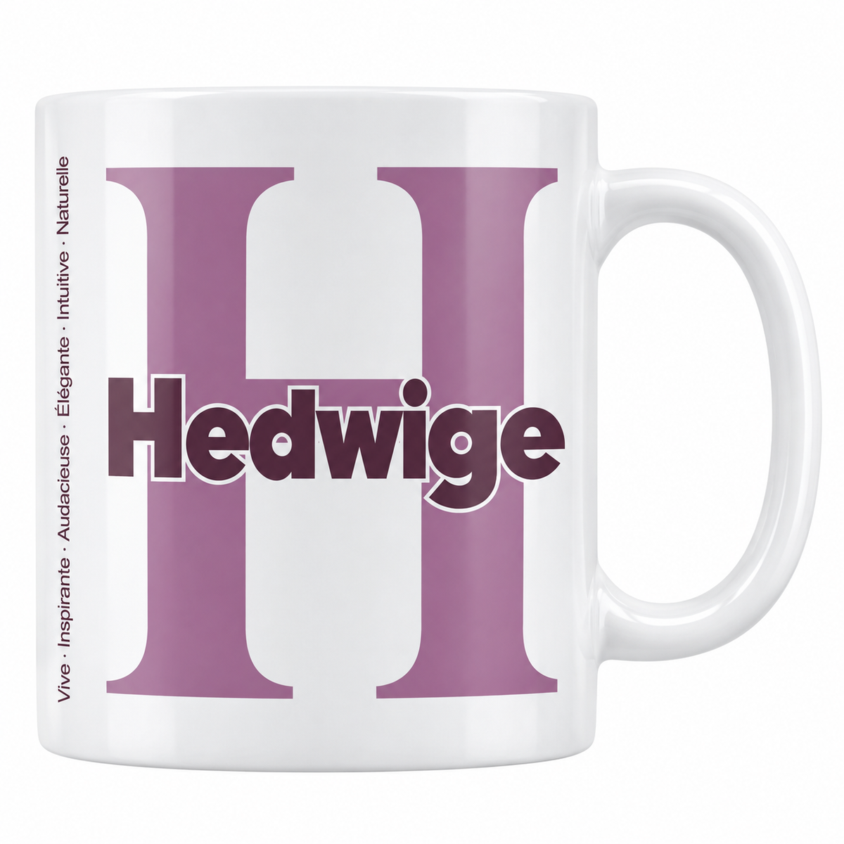 Mug blanc céramique 330 ml prénom Hedwige : grande initiale H, prénom Hedwige en lettres bold et six qualités verticales sur le côté