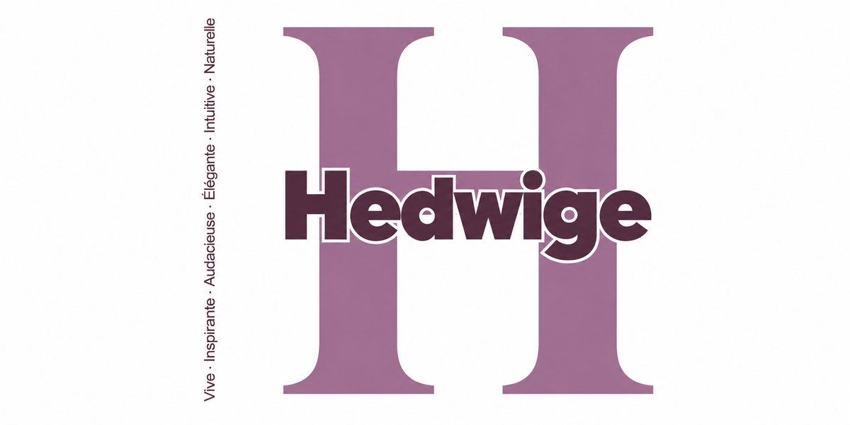 Visuel à plat du mug prénom Hedwige : initiale H pleine hauteur, prénom Hedwige centré et ligne verticale « Vive · Inspirante · Audacieuse · Élégante · Intuitive · Naturelle »